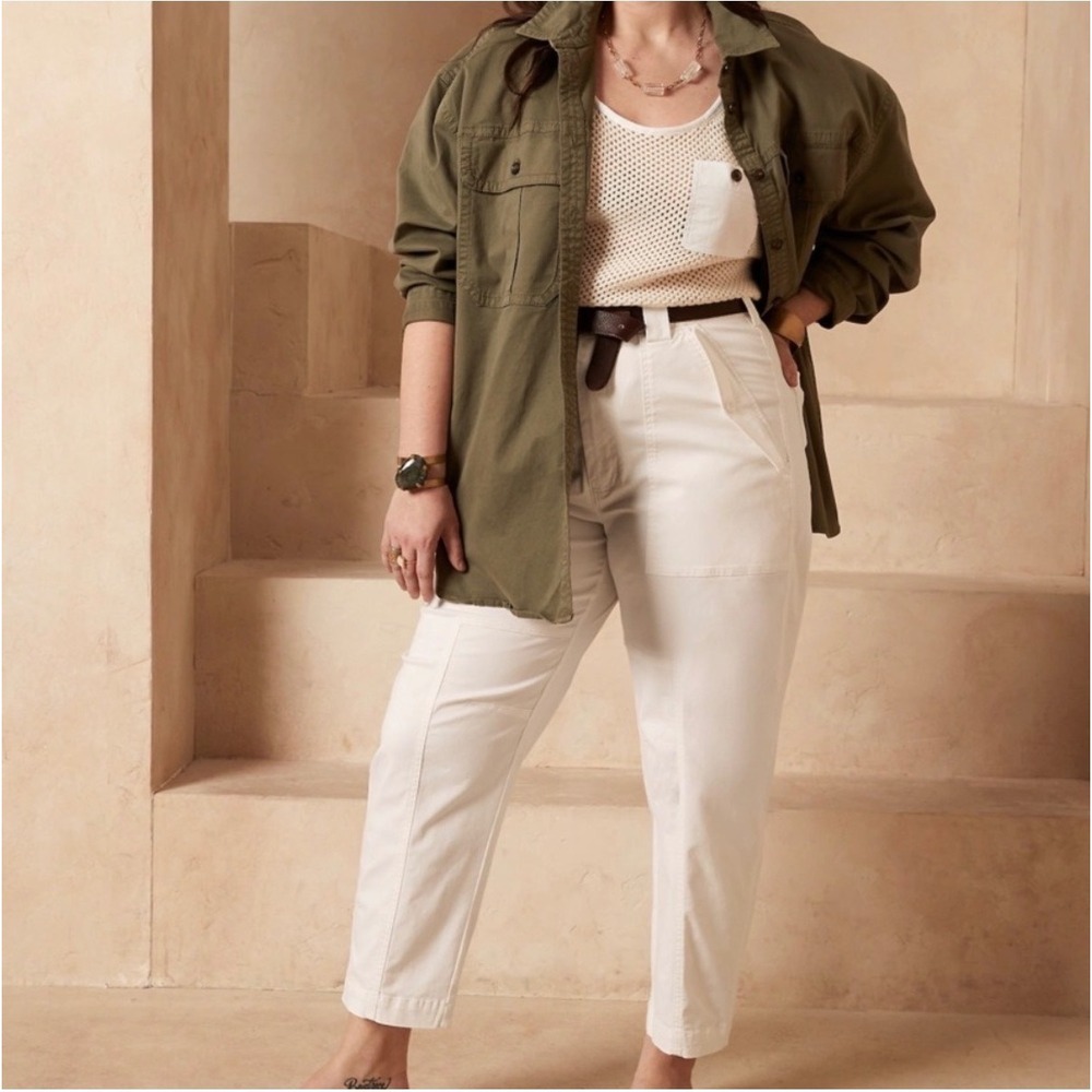 Banana Republic Barrel Leg Pants Women 14R Cream White High Rise Utility Pockets